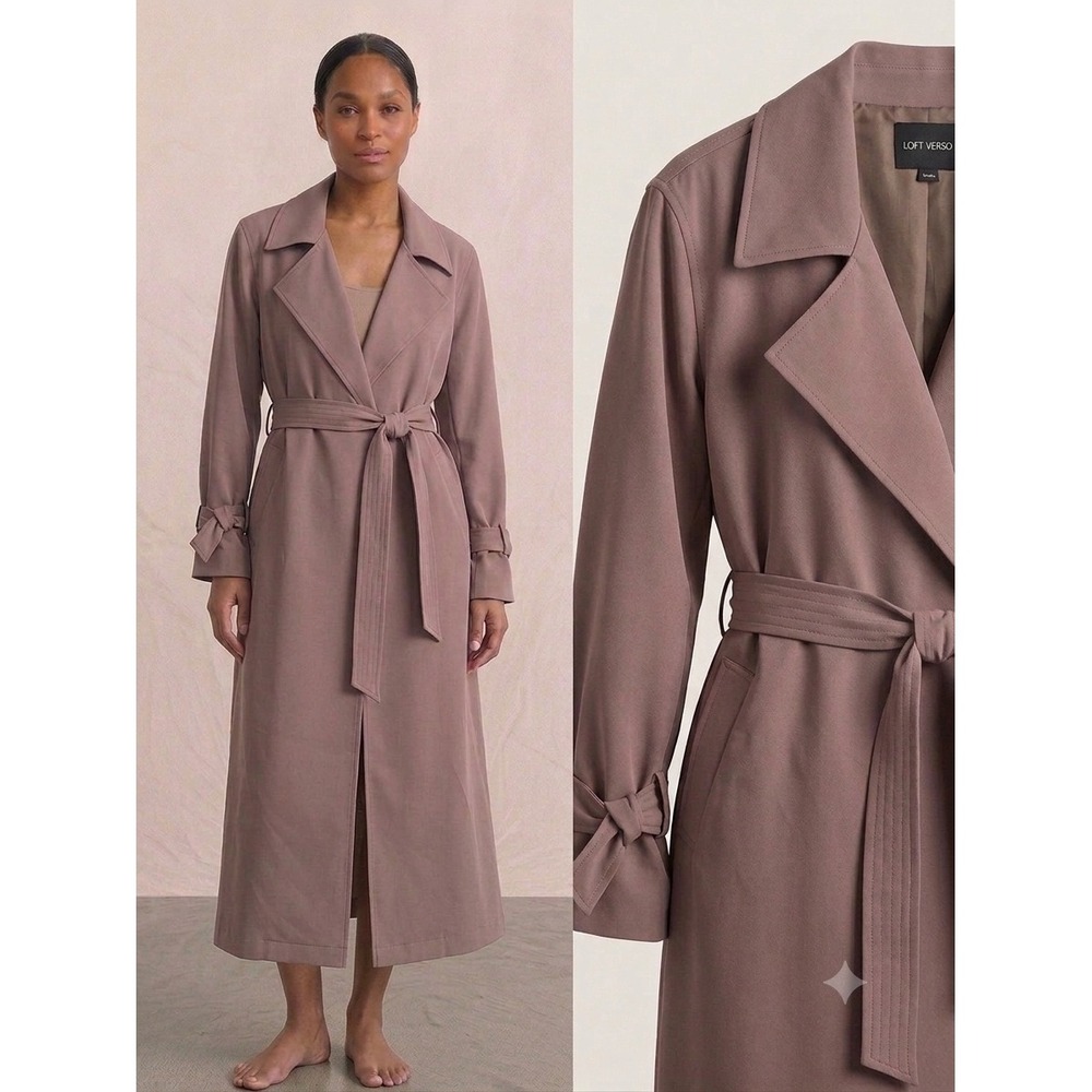Loft Versa Womens Mauve Taupe‎ Longline Trench Coat Belted Duster Size 14